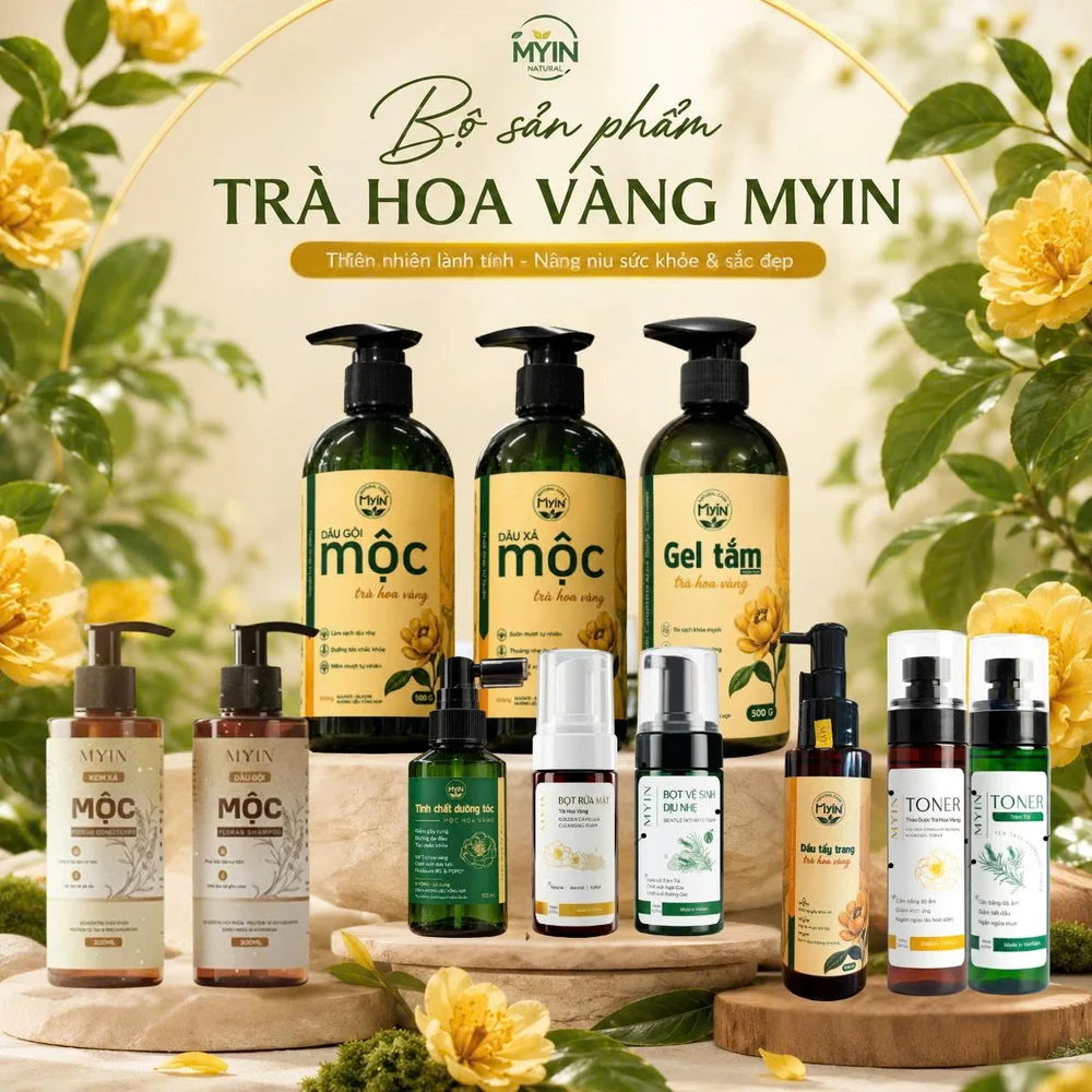 Bộ sản phẩm Trà Hoa Vàng Myin — dầu gội, dầu xả, gel tắm, toner, serum, bọt rửa mặt